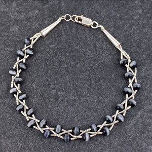 Sterling Liquid Silver 925 Cone Braided Black Synthetic Cat's Eye Bracelet 7.75"